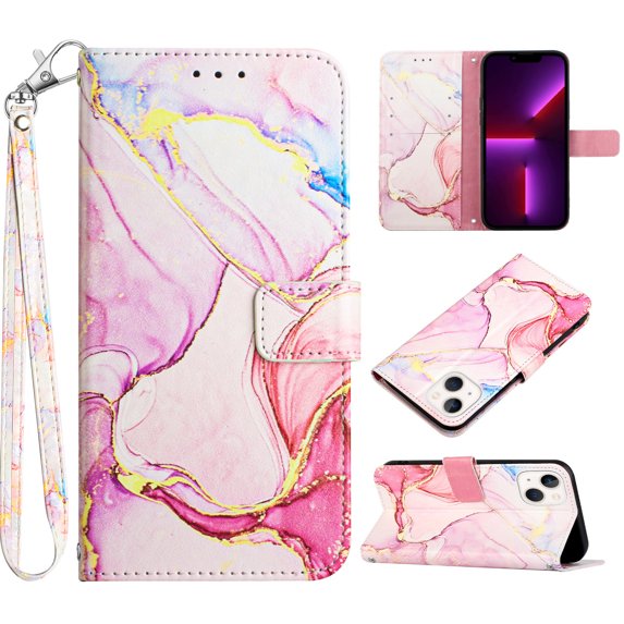 Feishell Fit for Apple iPhone 13 Wallet Case with Wrist Strap,Stylish Marble Pattern Premium PU Leather Folio Flip Credit Card Slots Kickstand Shockproof Protective Phone Cover,E