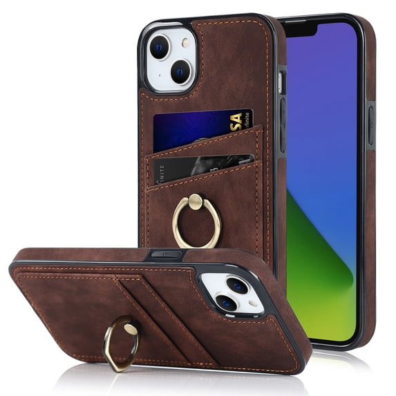 Feishell Fit for Apple iPhone 14 Case with 360° Rotatable Ring Holder,Shockproof Drop Resistant Premium Plain PU Leather Soft TPU Card Slots Kickstand Back Protective Phone Case,Coffee