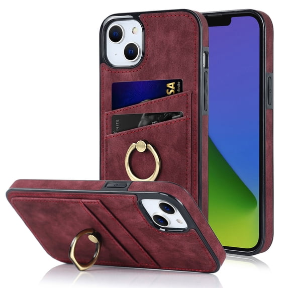 Feishell Fit for Apple iPhone 14 Plus Case with 360° Rotatable Ring Holder,Shockproof Drop Resistant Premium Plain PU Leather Soft TPU Card Slots Kickstand Back Protective Phone Case,Winered