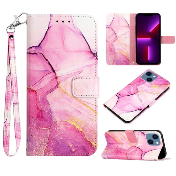Feishell Fit for Apple iPhone 14 Plus Wallet Case with Wrist Strap,Stylish Marble Pattern Premium PU Leather Folio Flip Credit Card Slots Kickstand Shockproof Protective Phone Cover,A