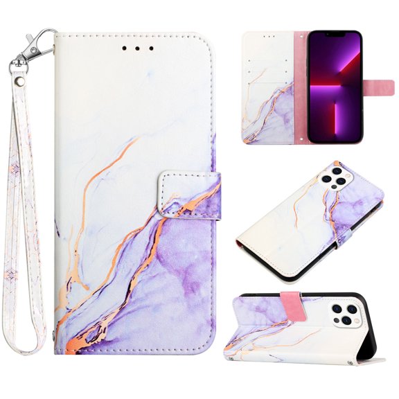 Feishell Fit for Apple iPhone 14 Pro Wallet Case with Wrist Strap,Stylish Marble Pattern Premium PU Leather Folio Flip Credit Card Slots Kickstand Shockproof Protective Phone Cover,F