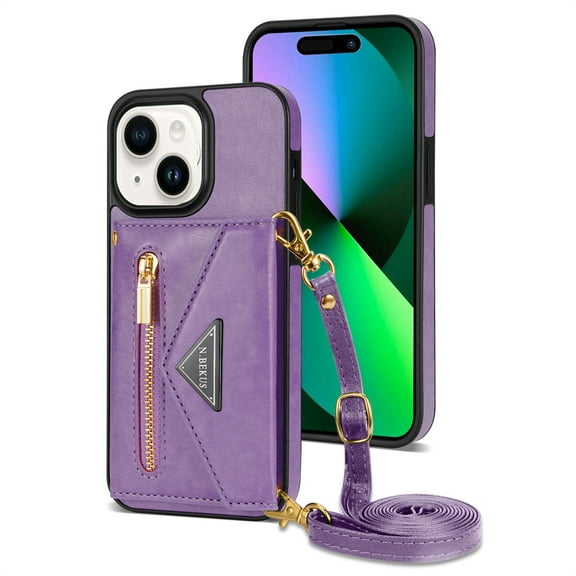 Feishell Fit for Apple iPhone 15 Case with Adjustable Shoulder Strap,Luxury Premium PU Leather Back Magnetic Buckle Flip Card Pocket Zipper Wallet Crossbody Phone Case,Purple