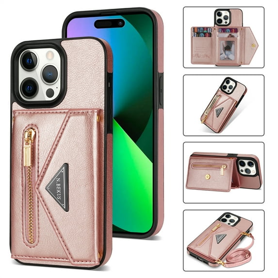 Feishell Fit for Apple iPhone 15 Pro Max Case with Adjustable Shoulder Strap,Luxury Premium PU Leather Back Magnetic Buckle Flip Card Pocket Zipper Wallet Crossbody Phone Case,Pink
