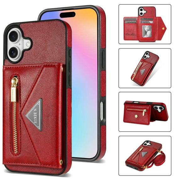 Feishell Fit for Apple iPhone 16 Case with Adjustable Shoulder Strap,Luxury Premium PU Leather Back Magnetic Buckle Flip Card Pocket Zipper Wallet Crossbody Phone Case,Red