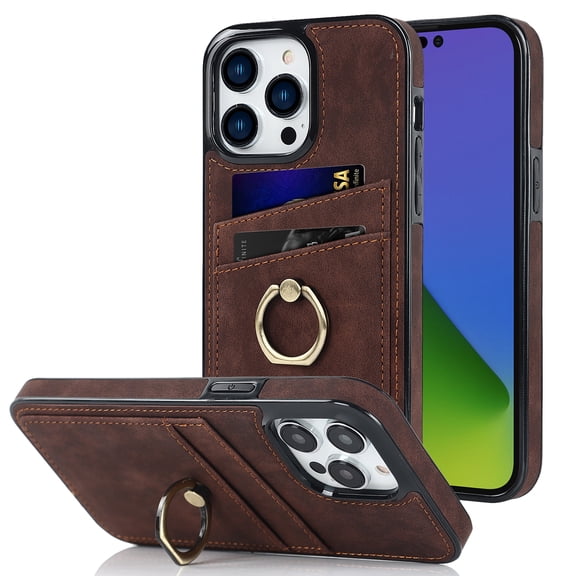 Feishell Fit for Apple iPhone 16 Plus Case with 360° Rotatable Ring Holder,Shockproof Drop Resistant Premium Plain PU Leather Soft TPU Card Slots Kickstand Back Protective Phone Case,Coffee