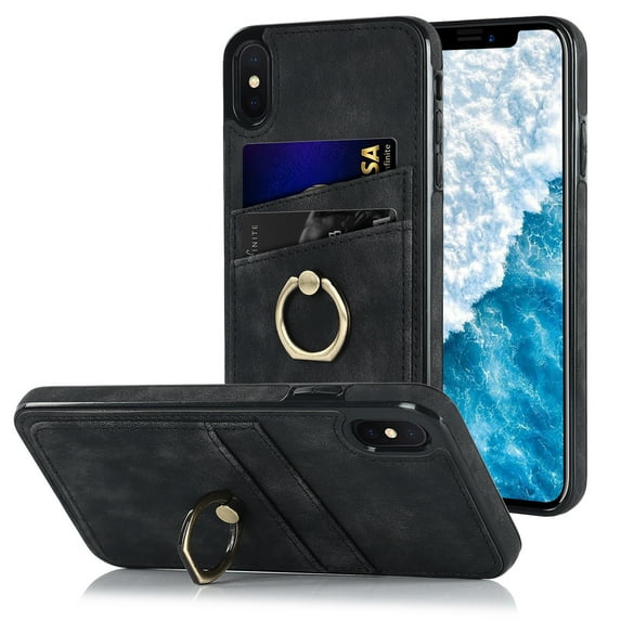 Feishell Fit for Apple iPhone XS Max Case with 360° Rotatable Ring Holder,Shockproof Drop Resistant Premium Plain PU Leather Soft TPU Card Slots Kickstand Back Protective Phone Case,Black