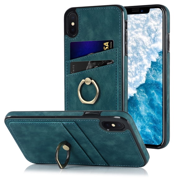 Feishell Fit for Apple iPhone XS / X Case with 360° Rotatable Ring Holder,Shockproof Drop Resistant Premium Plain PU Leather Soft TPU Card Slots Kickstand Back Protective Phone Case,Blue