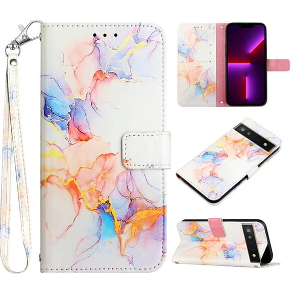 Feishell Fit for Google Pixel 6a Wallet Case with Wrist Strap,Stylish Marble Pattern Premium PU Leather Folio Flip Credit Card Slots Kickstand Shockproof Protective Phone Cover,D