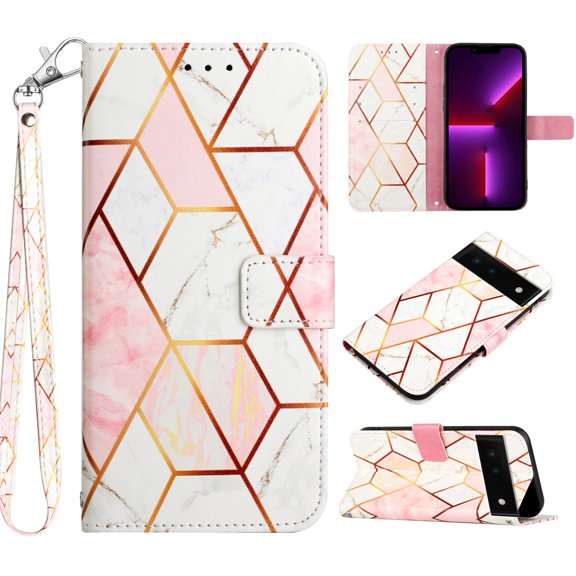 Feishell Fit for Google Pixel 7 Pro Wallet Case with Wrist Strap,Stylish Marble Pattern Premium PU Leather Folio Flip Credit Card Slots Kickstand Shockproof Protective Phone Cover,B