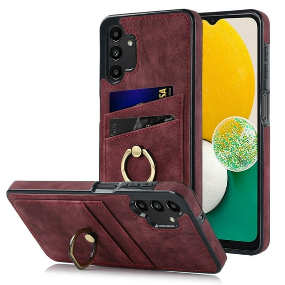 Feishell Fit for Samsung Galaxy A13 4G Case with 360° Rotatable Ring Holder,Shockproof Drop Resistant Premium Plain PU Leather Soft TPU Card Slots Kickstand Back Protective Phone Case,Winered