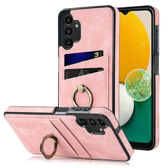 Feishell Fit for Samsung Galaxy A13 4G Case with 360° Rotatable Ring Holder,Shockproof Drop Resistant Premium Plain PU Leather Soft TPU Card Slots Kickstand Back Protective Phone Case,Pink