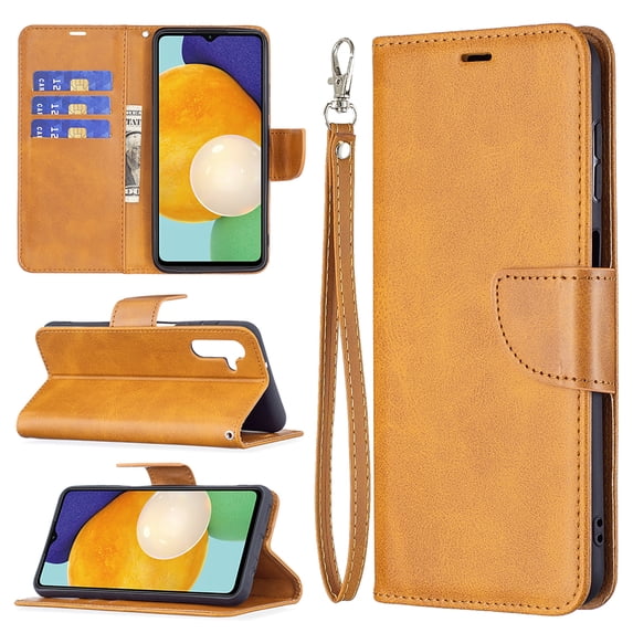 Feishell Fit for Samsung Galaxy A13 5G 6.5 inch Phone Case with Wrist Strap & ID Credit Card Slots,Premium PU Leather Shockproof Magnetic Clasp Folio Flip Holder Protective Cover,Yellow