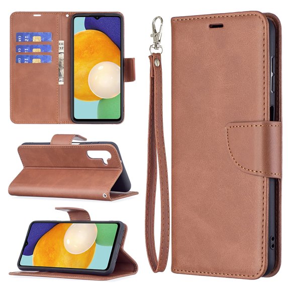 Feishell Fit for Samsung Galaxy A14 5G 6.6 inch Phone Case with Wrist Strap & ID Credit Card Slots,Premium PU Leather Shockproof Magnetic Clasp Folio Flip Holder Protective Cover,Brown