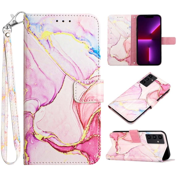 Feishell Fit for Samsung Galaxy A14 5G Wallet Case with Wrist Strap,Stylish Marble Pattern Premium PU Leather Folio Flip Credit Card Slots Kickstand Shockproof Protective Phone Cover,E