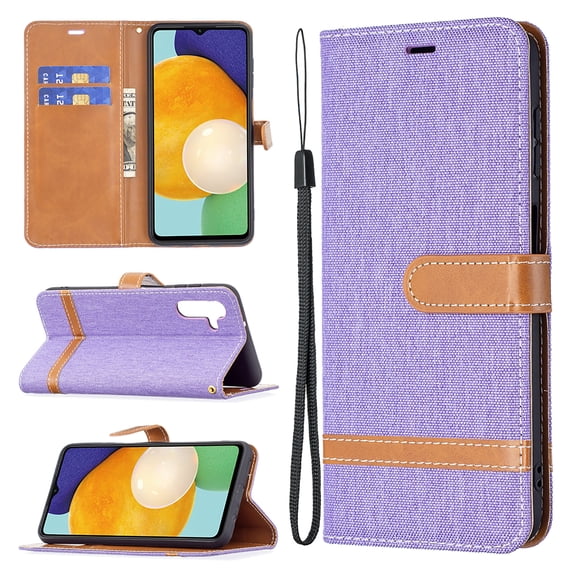 Feishell Fit for Samsung Galaxy A15 Phone Case with Wrist Strap,Cloth Texture PU Leather Shockproof Anti-Scratch Magnetic Flip Stand Card Slots Wallet Phone Case,Purple