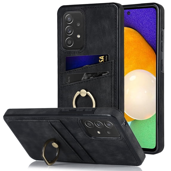 Feishell Fit for Samsung Galaxy A52 5G Case with 360° Rotatable Ring Holder,Shockproof Drop Resistant Premium Plain PU Leather Soft TPU Card Slots Kickstand Back Protective Phone Case,Black