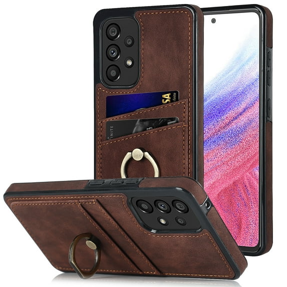 Feishell Fit for Samsung Galaxy A53 5G Case with 360° Rotatable Ring Holder,Shockproof Drop Resistant Premium Plain PU Leather Soft TPU Card Slots Kickstand Back Protective Phone Case,Coffee