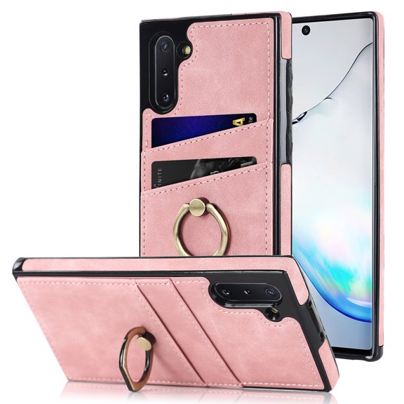 Feishell Fit for Samsung Galaxy Note 10 Case with 360° Rotatable Ring Holder,Shockproof Drop Resistant Premium Plain PU Leather Soft TPU Card Slots Kickstand Back Protective Phone Case,Pink