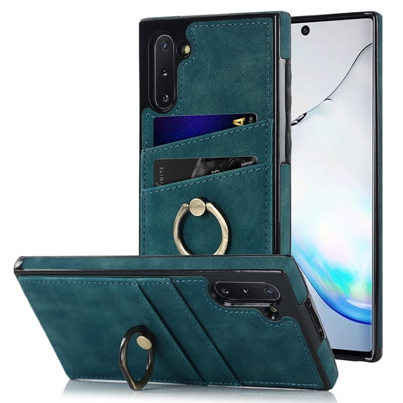 Feishell Fit for Samsung Galaxy Note 10 Case with 360° Rotatable Ring Holder,Shockproof Drop Resistant Premium Plain PU Leather Soft TPU Card Slots Kickstand Back Protective Phone Case,Blue