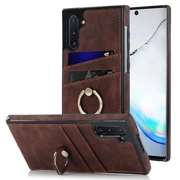 Feishell Fit for Samsung Galaxy Note 10 Case with 360° Rotatable Ring Holder,Shockproof Drop Resistant Premium Plain PU Leather Soft TPU Card Slots Kickstand Back Protective Phone Case,Coffee