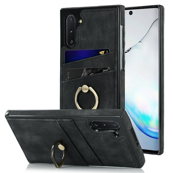 Feishell Fit for Samsung Galaxy Note 10 Case with 360° Rotatable Ring Holder,Shockproof Drop Resistant Premium Plain PU Leather Soft TPU Card Slots Kickstand Back Protective Phone Case,Black
