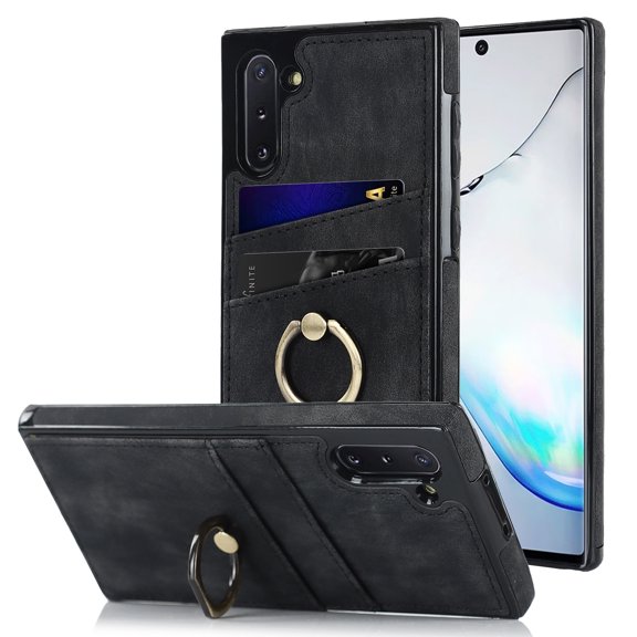 Feishell Fit for Samsung Galaxy Note 10 Case with 360° Rotatable Ring Holder,Shockproof Drop Resistant Premium Plain PU Leather Soft TPU Card Slots Kickstand Back Protective Phone Case,Black