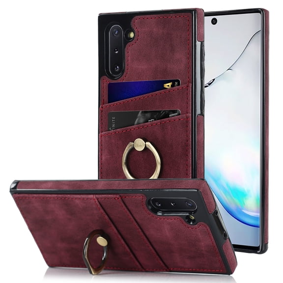 Feishell Fit for Samsung Galaxy Note 10 Case with 360° Rotatable Ring Holder,Shockproof Drop Resistant Premium Plain PU Leather Soft TPU Card Slots Kickstand Back Protective Phone Case,Winered