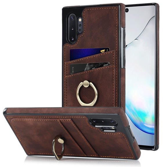 Feishell Fit for Samsung Galaxy Note 10 Pro Case with 360° Rotatable Ring Holder,Shockproof Drop Resistant Premium Plain PU Leather Soft TPU Card Slots Kickstand Back Protective Phone Case,Coffee
