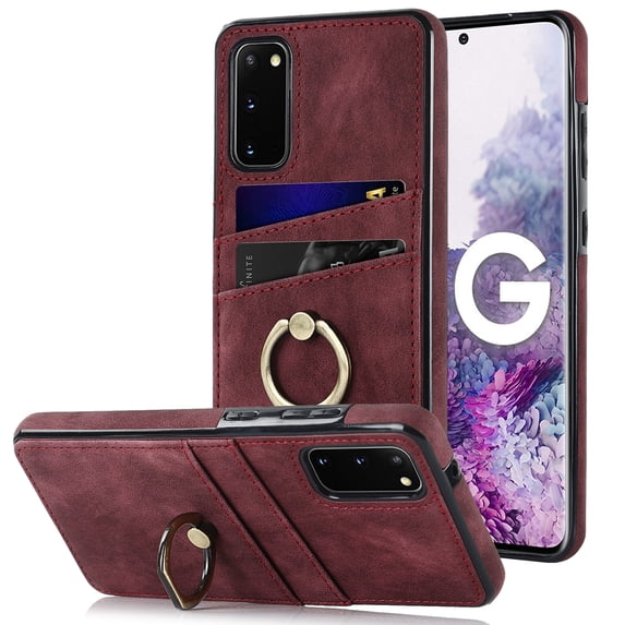 Feishell Fit for Samsung Galaxy S20 Case with 360° Rotatable Ring Holder,Shockproof Drop Resistant Premium Plain PU Leather Soft TPU Card Slots Kickstand Back Protective Phone Case,Winered