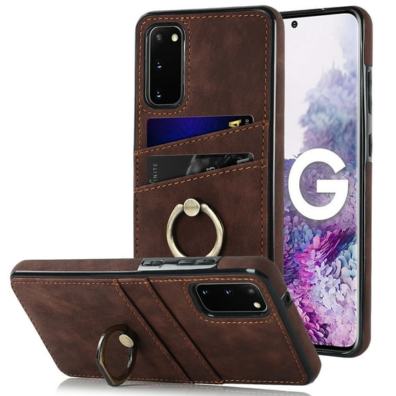 Feishell Fit for Samsung Galaxy S20 Case with 360° Rotatable Ring Holder,Shockproof Drop Resistant Premium Plain PU Leather Soft TPU Card Slots Kickstand Back Protective Phone Case,Coffee