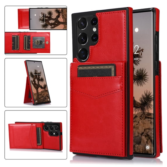 Feishell Fit for Samsung Galaxy S22 Ultra 5G Case with ID Credit Card Slots,Shockproof Premium PU Leather Magnetic Buckle Vertical & Horizontal Kickstand Back Flip Wallet Phone Cover,Red