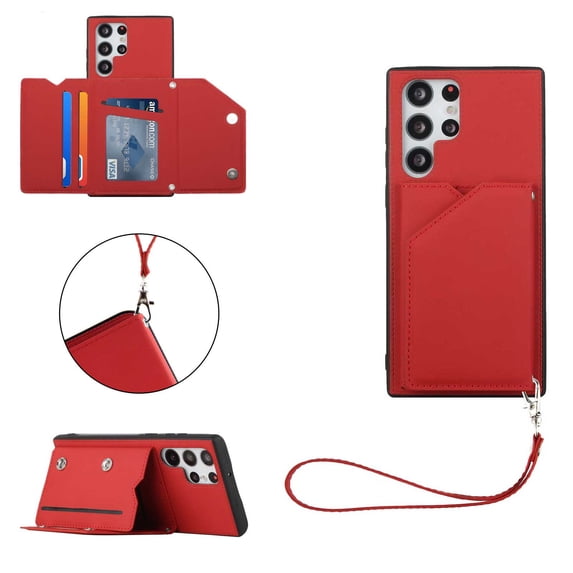 Feishell Fit for Samsung Galaxy S24 Ultra Phone Case with Wrist Strap,Shockproof Premium PU Leather Back Magnetic Buckle Flip Kickstand Credit Card Slots Anti-Scratch Protective Cover,Red