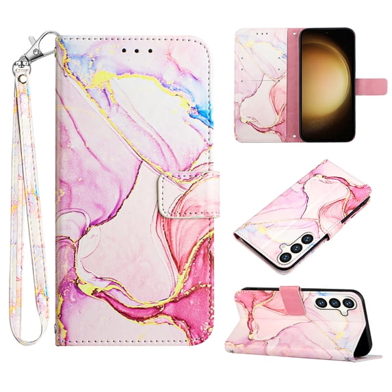 Feishell Fit for Samsung Galaxy S24 Wallet Case with Wrist Strap,Stylish Marble Pattern Premium PU Leather Folio Flip Credit Card Slots Kickstand Shockproof Protective Phone Cover,E