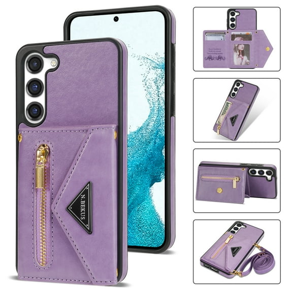 Feishell Fit for Samsung Galaxy S25+ Case with Adjustable Shoulder Strap,Luxury Premium PU Leather Back Magnetic Buckle Flip Card Pocket Zipper Wallet Crossbody Phone Case,Purple
