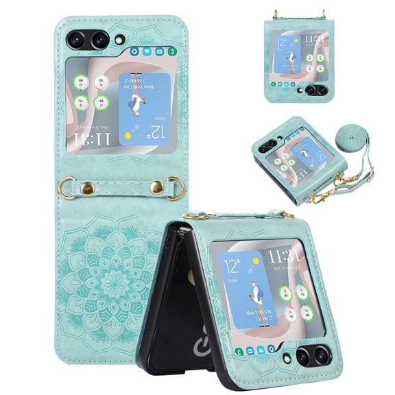 Feishell Fit for Samsung Galaxy Z Flip 6 Phone Case with Detachable Shoulder Strap,Stylish Embossed Pattern PU Leather Shockproof Anti-Fingerprint Anti-Scratch Slim Thin Crossbody Cover,Green