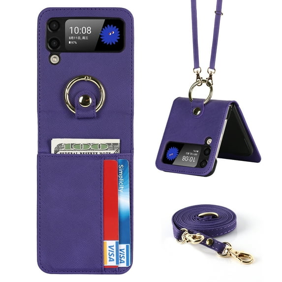 Feishell Fit for Samsung Galaxy Z Flip3 5G 6.7 inch Portable Phone Case with Metal Finger Ring,Shockproof Luxury PU Leather ID Credit Card Slots Detachable Shoulder Strap Crossbody Phone Cover,Purple