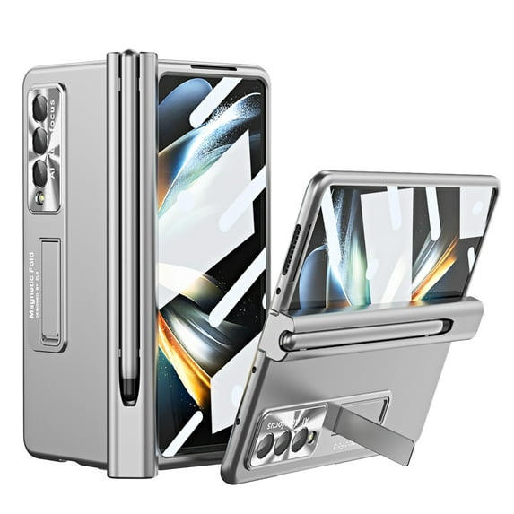 Feishell Fit for Samsung Galaxy Z Fold4 Case with Screen Protector & Camera Lens Protector & Magnetic Hinge Protection & Pen Holder,Shockproof Plating Rugged Kickstand Phone Case,Silver