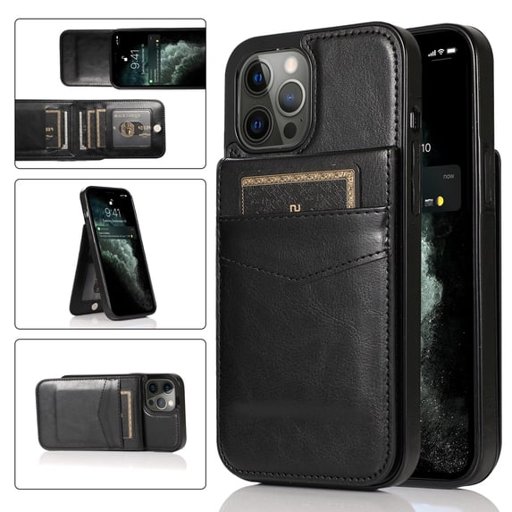 Feishell Fit for iPhone 13 Pro Max Phone Case with ID Credit Card Slots,Shockproof Premium PU Leather Magnetic Buckle Vertical & Horizontal Kickstand Back Flip Wallet Protective Phone Cover,Black