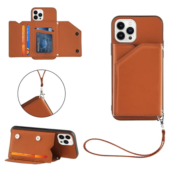 Feishell Fit for iPhone 13 Pro Max Phone Case with Wrist Strap,Shockproof Premium PU Leather Back Magnetic Buckle Flip Kickstand Credit Card Slots Anti-Scratch Protective Cover,Brown