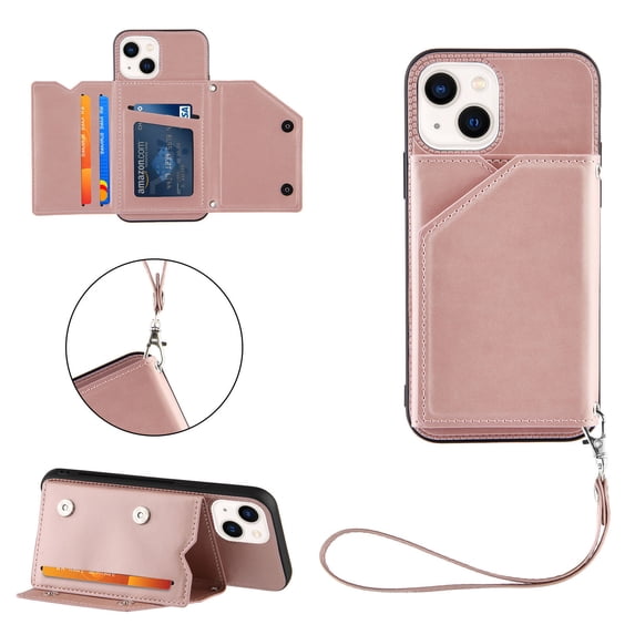Feishell Fit for iPhone 14 Phone Case with Wrist Strap,Shockproof Premium PU Leather Back Magnetic Buckle Flip Kickstand Credit Card Slots Anti-Scratch Protective Cover,Rosegold