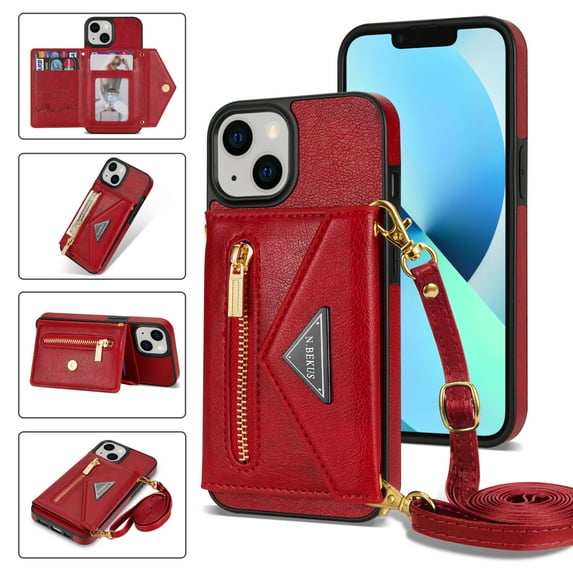 Feishell Fit for iPhone 14 Plus (6.7 inch) Case with Adjustable Shoulder Strap,Luxury Premium PU Leather Back Magnetic Buckle Flip Card Pocket Zipper Wallet Crossbody Phone Case,Red