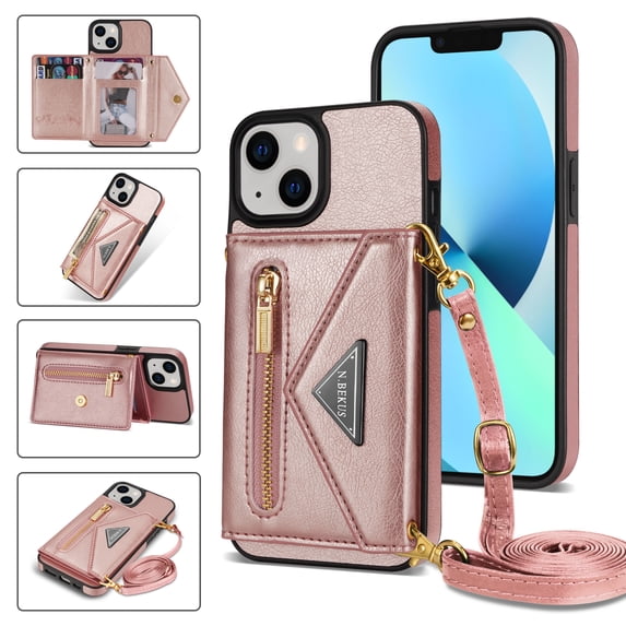 Feishell Fit for iPhone 14 Plus (6.7 inch) Case with Adjustable Shoulder Strap,Luxury Premium PU Leather Back Magnetic Buckle Flip Card Pocket Zipper Wallet Crossbody Phone Case,Pink
