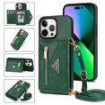 thumbnail image 1 of Feishell Fit for iPhone 14 Pro (6.1 inch) Case with Adjustable Shoulder Strap,Luxury Premium PU Leather Back Magnetic Buckle Flip Card Pocket Zipper Wallet Crossbody Phone Case,Green, 1 of 15