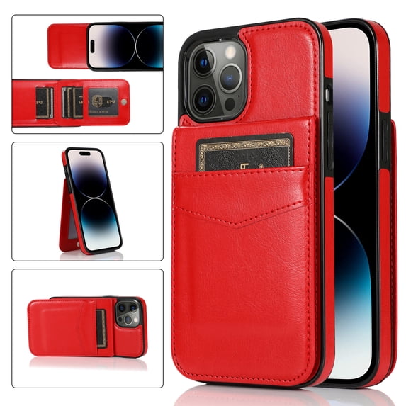 Feishell Fit for iPhone 15 Pro Max Phone Case with ID Credit Card Slots,Shockproof Premium PU Leather Magnetic Buckle Vertical & Horizontal Kickstand Back Flip Wallet Protective Phone Cover,Red