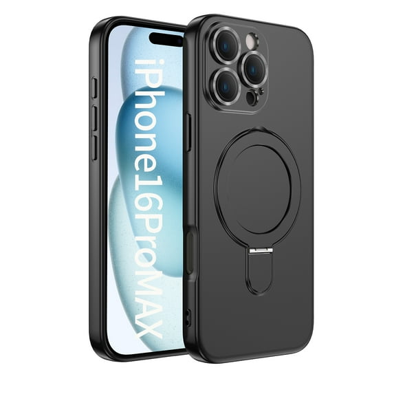 Feishell Fit for iPhone 16 Pro Max Magnetic Case Compatible with Magsafe,Shockproof Slim Invisible Ring Holder Kickstand Support Car Mount Camera Lens Film Protection Phone Case,Black