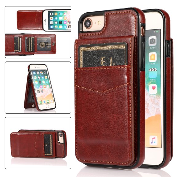 Feishell Fit for iPhone 7/8/SE 2020/SE 2022 Case with Credit Card Slots,Shockproof Premium PU Leather Magnetic Buckle Vertical & Horizontal Kickstand Back Flip Wallet Protective Phone Cover,Brown