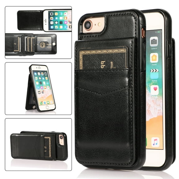Feishell Fit for iPhone 7/8/SE 2020/SE 2022 Case with ID Credit Card Slots,Shockproof Premium PU Leather Magnetic Buckle Vertical & Horizontal Kickstand Back Flip Wallet Protective Phone Cover,Black