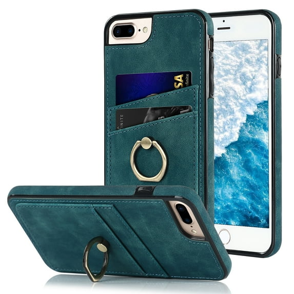 Feishell Fit for iPhone 8 Plus / iPhone 7 Plus Case with 360° Rotatable Ring Holder,Shockproof Drop Resistant Premium Plain PU Leather Soft TPU Card Slots Kickstand Back Protective Phone Case,Blue
