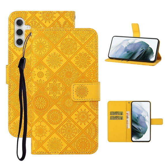Feishell Flip Case Compatible with Samsung Galaxy A14 5G,Wallet Case with Card Holder Stand PU Leather Embossed Pattern Slim TPU Bumper Shockproof Magnetic Clasp Folio Phone Cover,Yellow