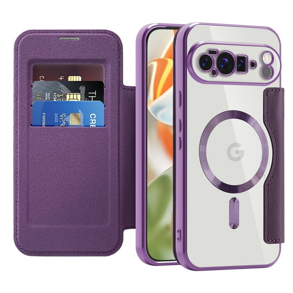 Feishell Flip Case for Google Pixel 10 Pro XL with Camera Lens Protect Film,Magnetic Closure PU Leather Folio Case with RFID Blocking Card Slots Luxury Plating Transparent Phone Cover,Purple